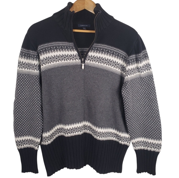Lands' End Women's Black and Gray Fair Isle Quarter Zip Sweater. XL. H110 - Picture 1 of 9